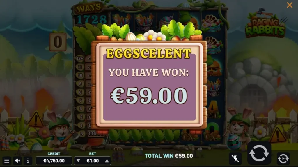 Raging Rabbits slot game interface showing cartoon rabbits on a battlefield