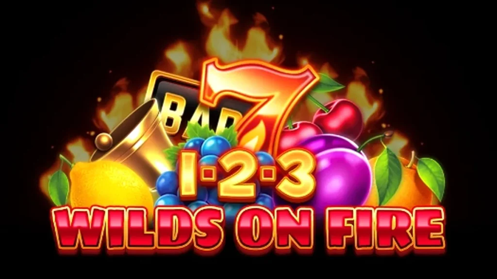 Tampilan layar permainan slot 1-2-3 Wilds on Fire dengan simbol buah klasik dan efek api