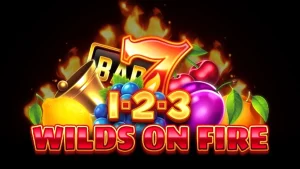 Tampilan layar permainan slot 1-2-3 Wilds on Fire dengan simbol buah klasik dan efek api