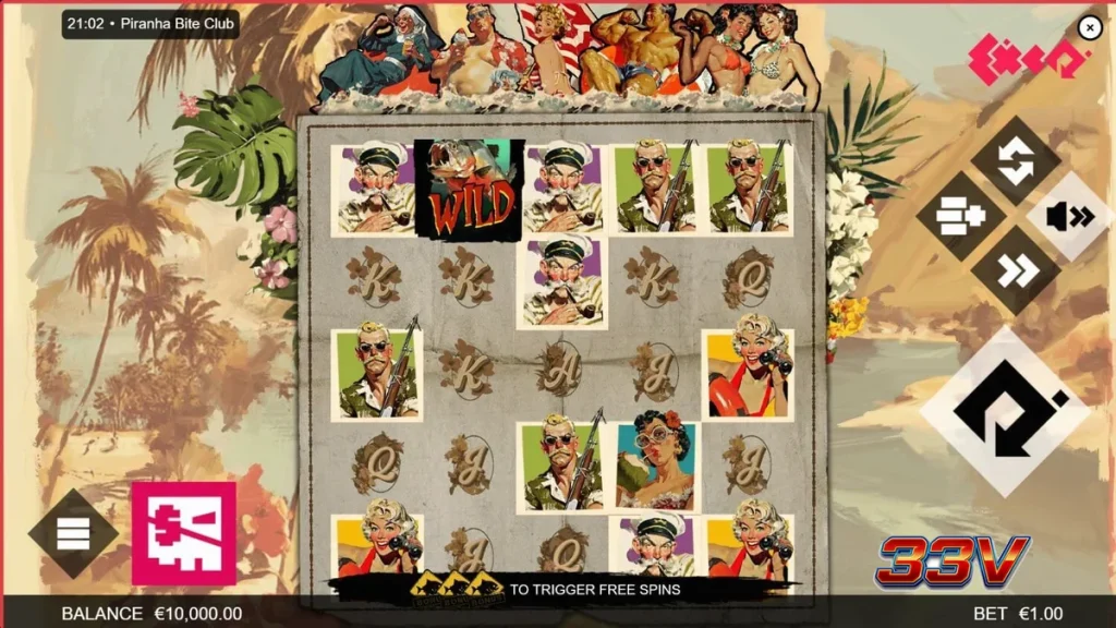 Tampilan visual slot Piranha Bite Club dengan tema tropis dan retro