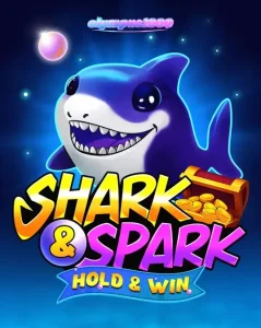 Tampilan visual ceria dari slot Shark & Spark Hold & Win dengan karakter hiu kartun.